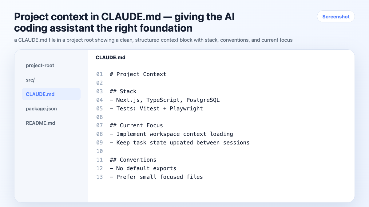 Project context in CLAUDE.md — giving the AI coding assistant the right foundation