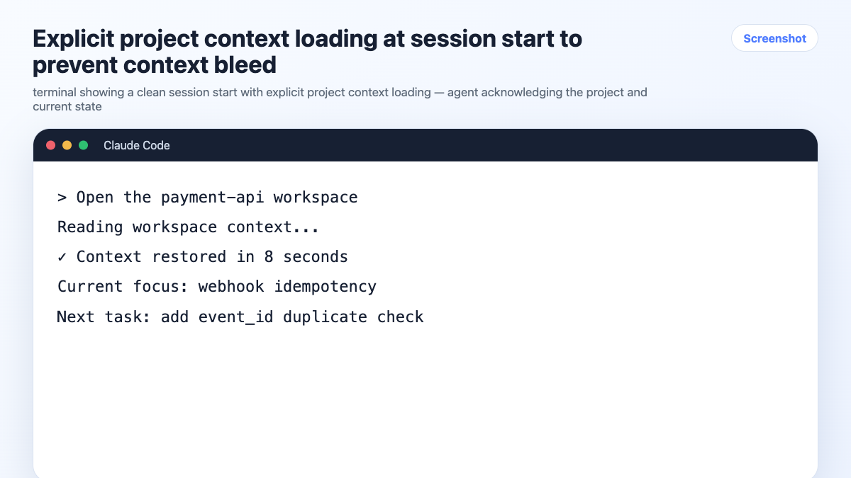 Explicit project context loading at session start to prevent context bleed