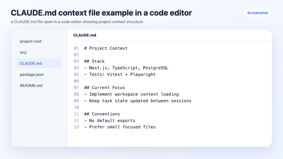 CLAUDE.md context file example in a code editor