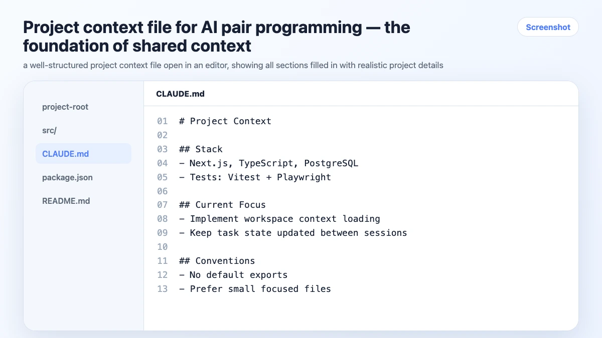 Project context file for AI pair programming — the foundation of shared context