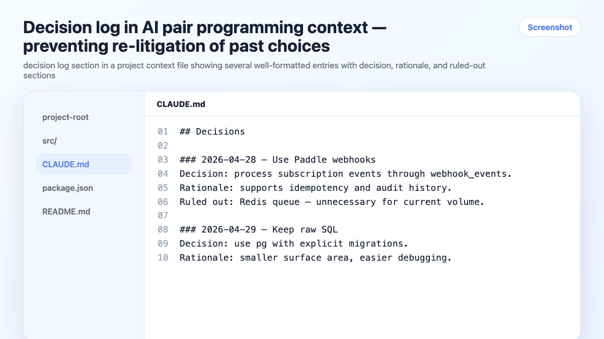Decision log in AI pair programming context — preventing re-litigation of past choices