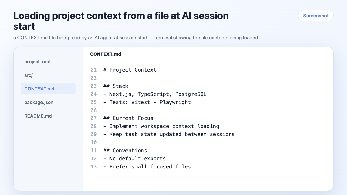 Loading project context from a file at AI session start