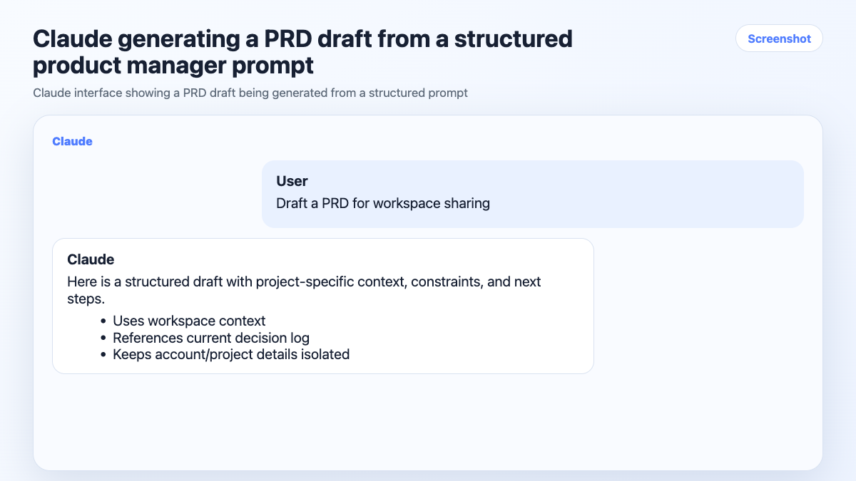 Claude generating a PRD draft from a structured product manager prompt