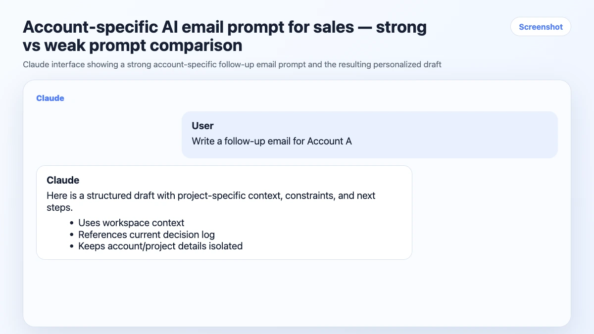 Account-specific AI email prompt for sales — strong vs weak prompt comparison