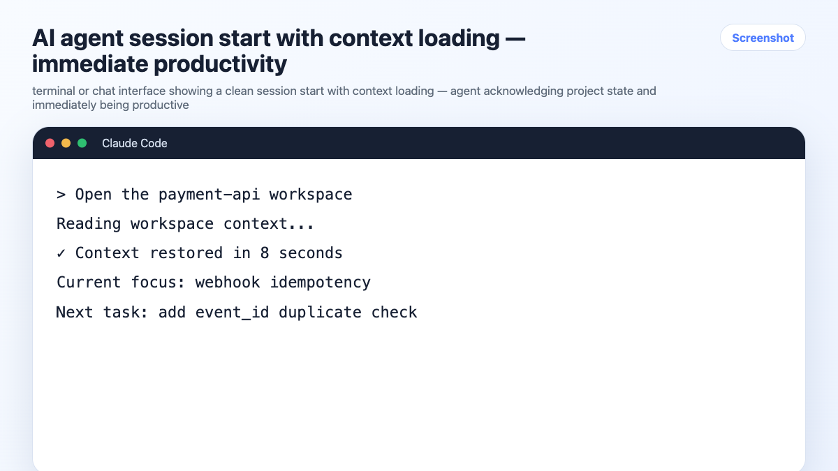 AI agent session start with context loading — immediate productivity