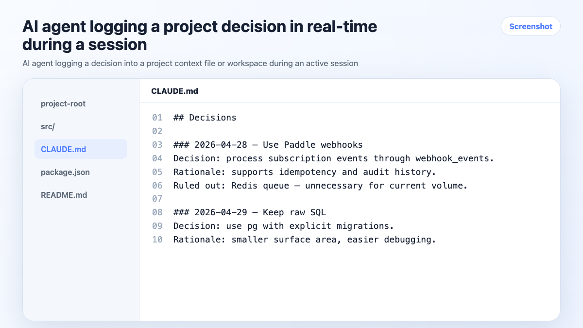 AI agent logging a project decision in real-time during a session