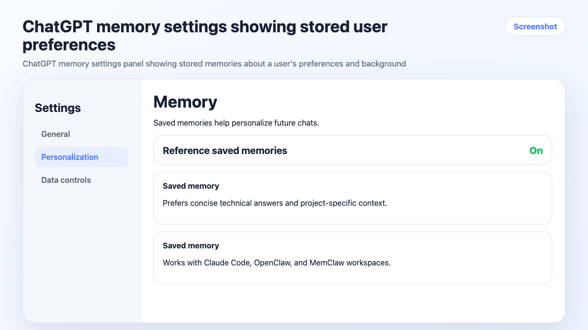 ChatGPT memory settings showing stored user preferences