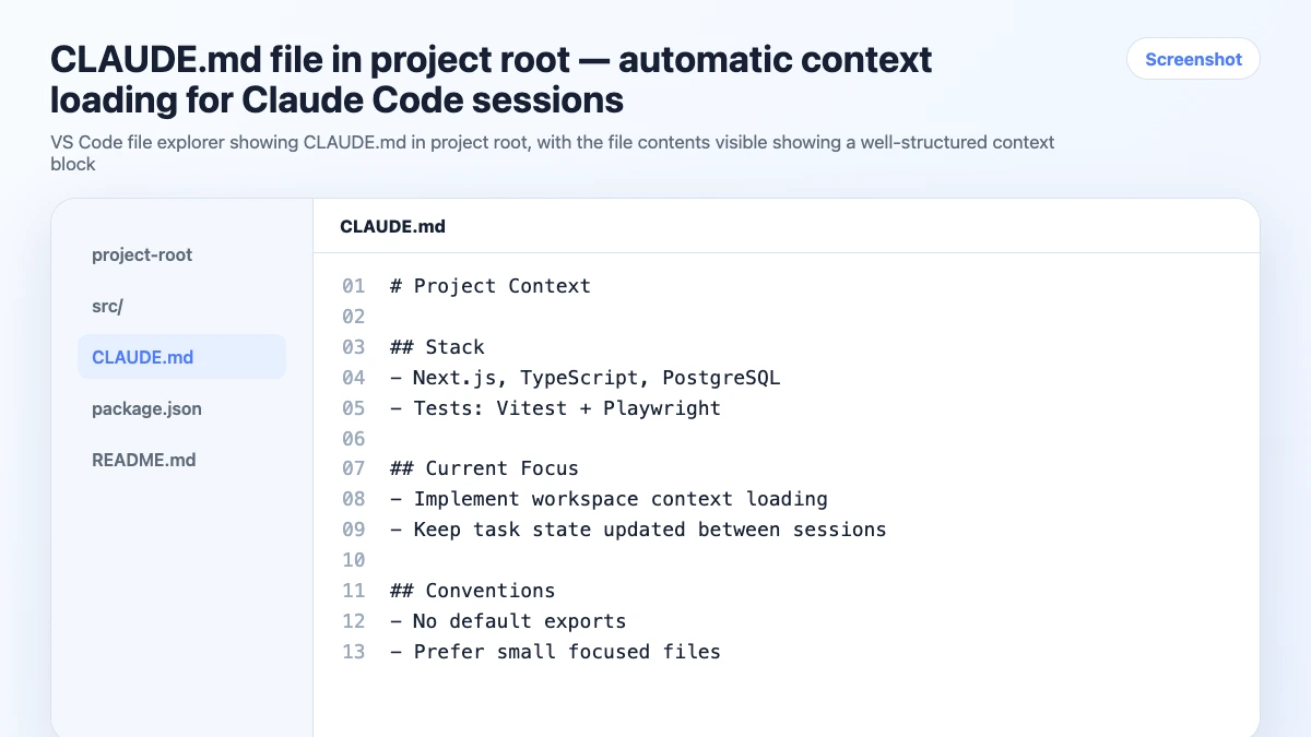 CLAUDE.md file in project root — automatic context loading for Claude Code sessions