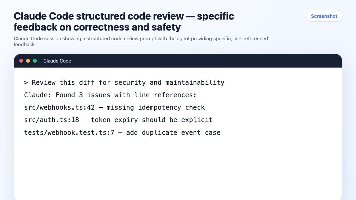 Claude Code structured code review — specific feedback on correctness and safety