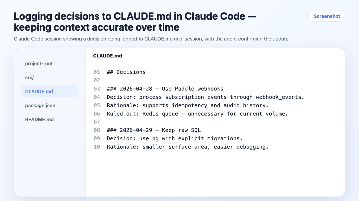 Logging decisions to CLAUDE.md in Claude Code — keeping context accurate over time