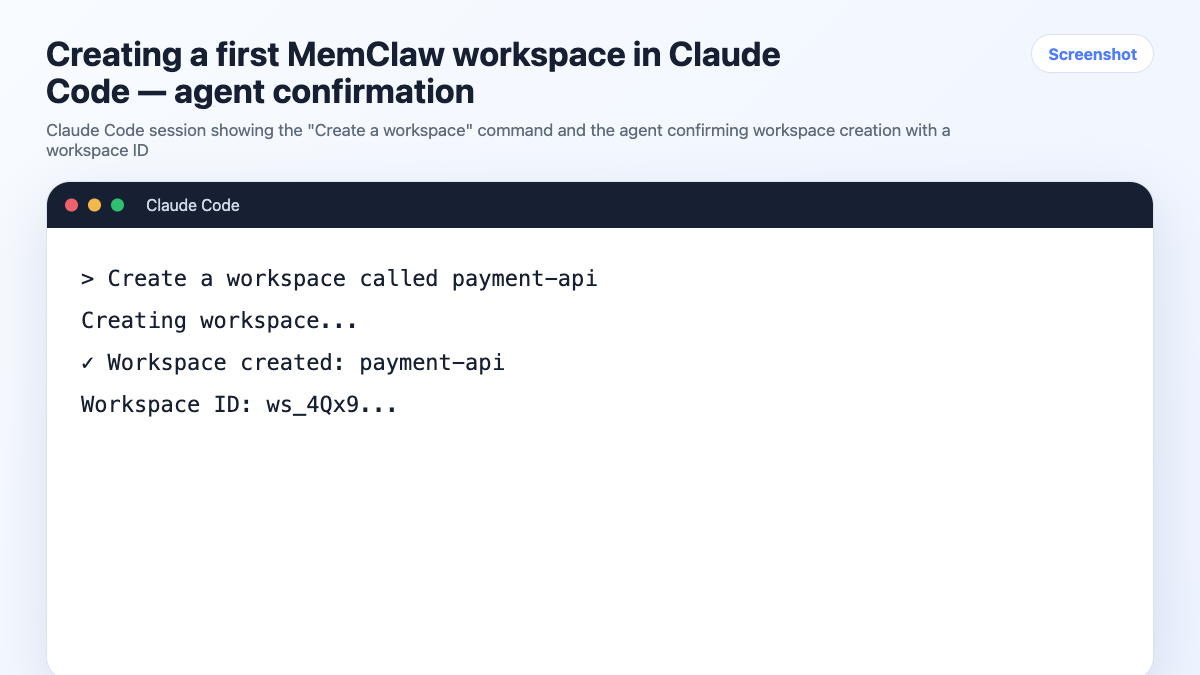 Creating a first MemClaw workspace in Claude Code — agent confirmation