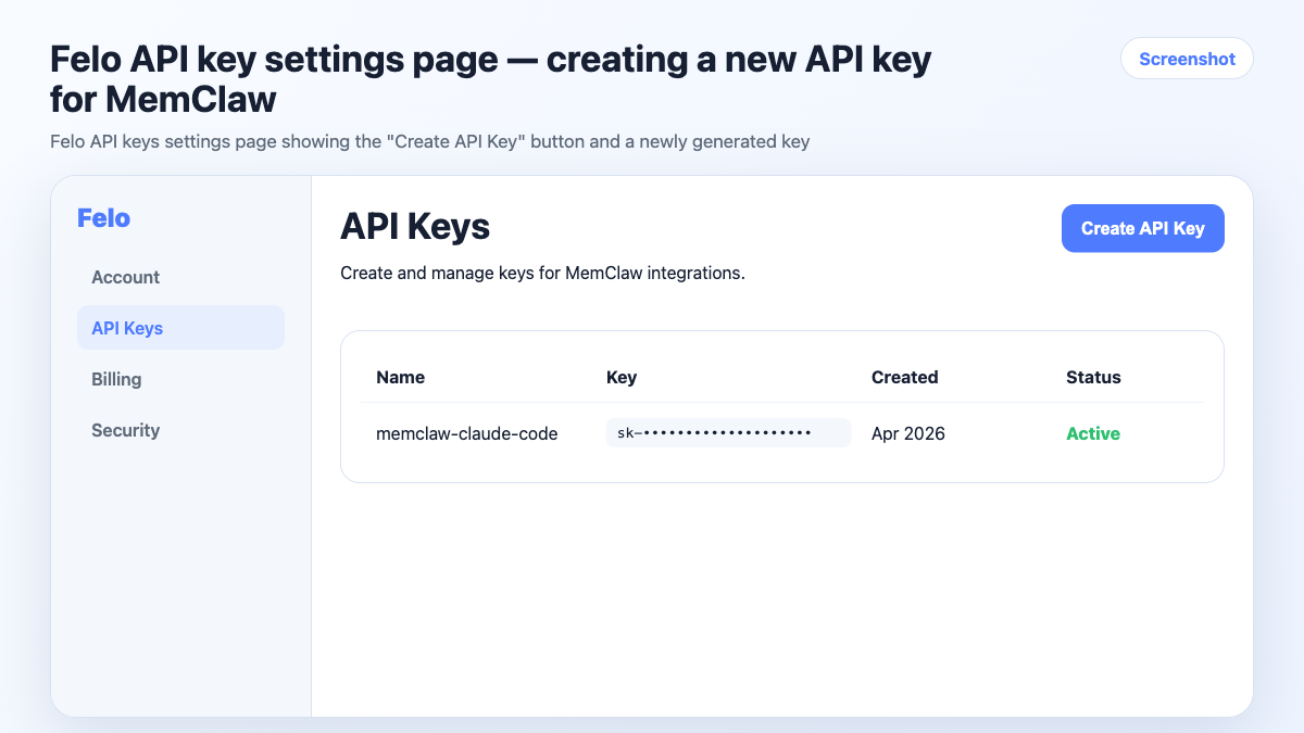 Felo API key settings page — creating a new API key for MemClaw