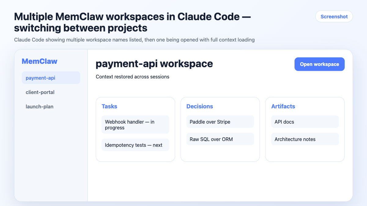 Multiple MemClaw workspaces in Claude Code — switching between projects