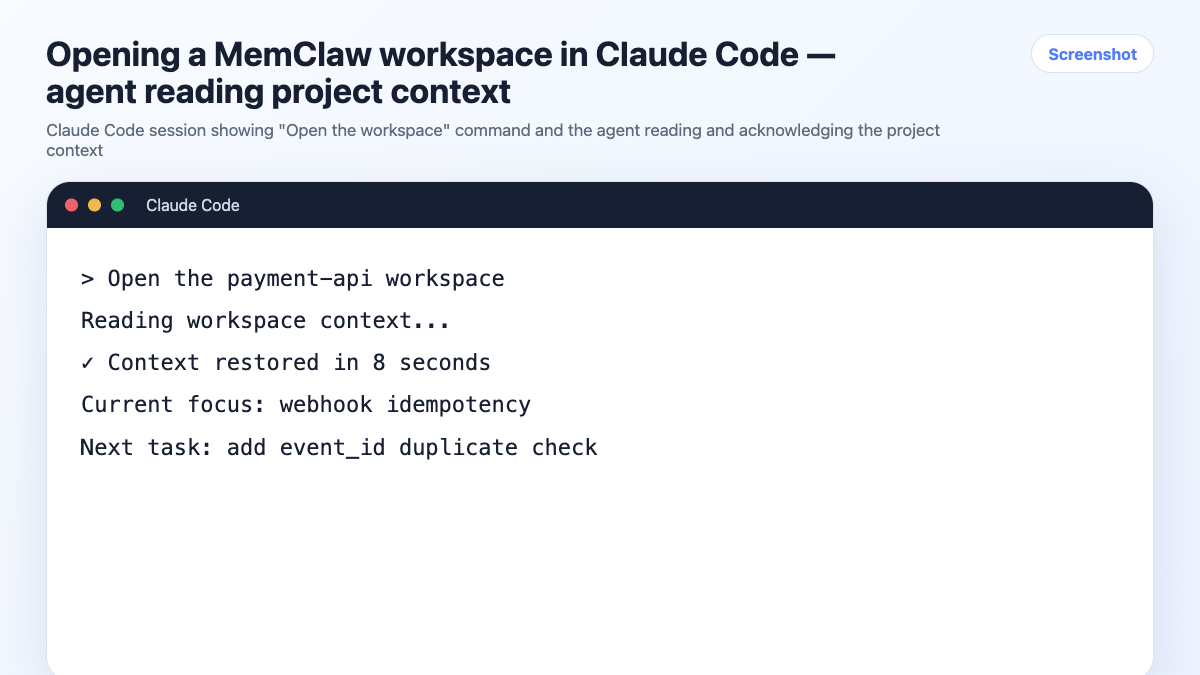 Opening a MemClaw workspace in Claude Code — agent reading project context