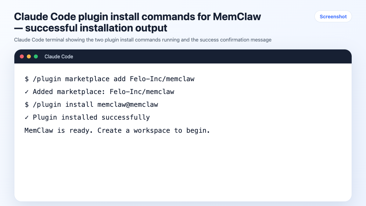 Claude Code plugin install commands for MemClaw — successful installation output