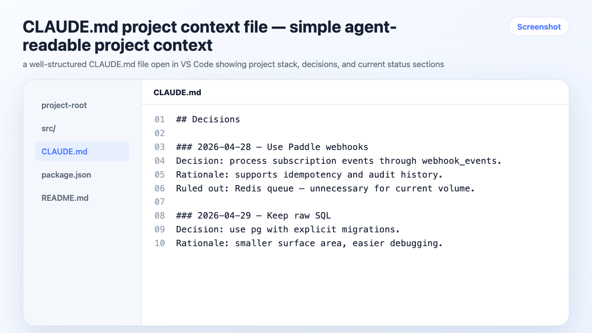 CLAUDE.md project context file — simple agent-readable project context