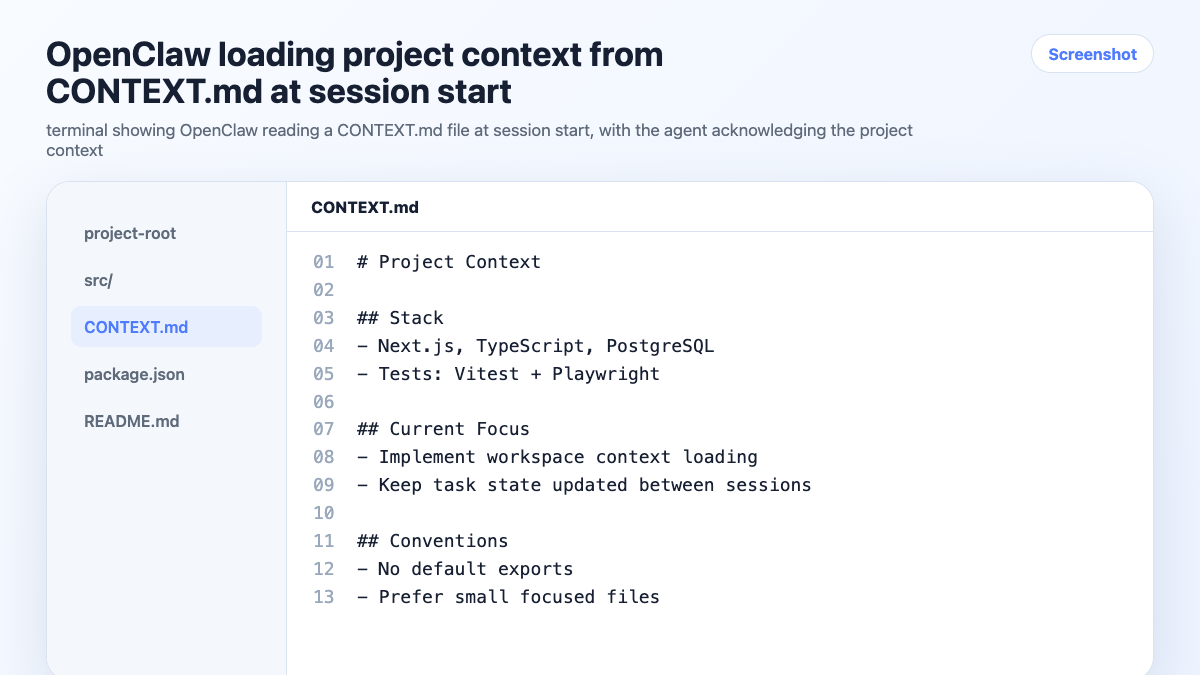 OpenClaw loading project context from CONTEXT.md at session start