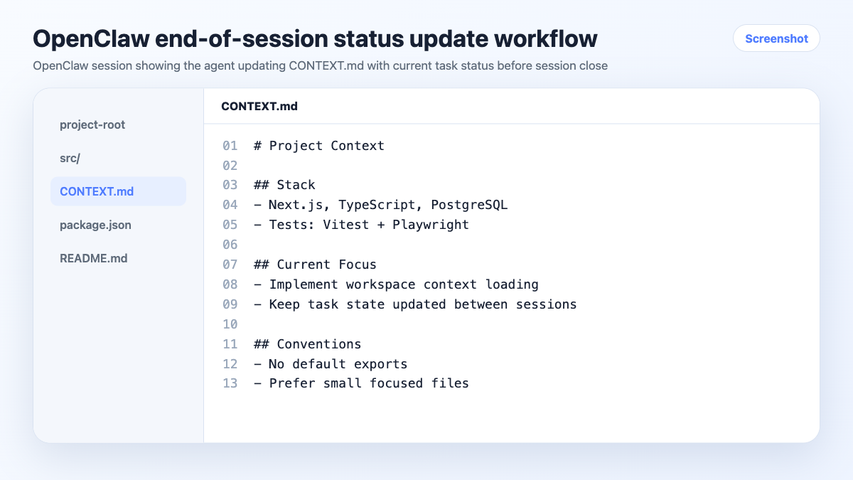 OpenClaw end-of-session status update workflow