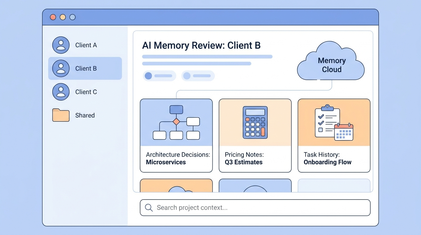 MemClaw web memory review interface showing project workspaces and stored context