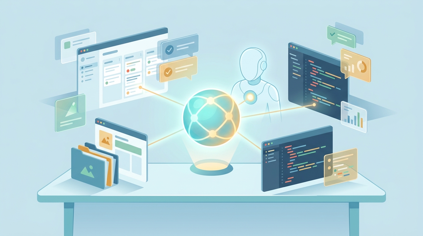 Hero illustration showing an AI assistant managing multiple project workspaces