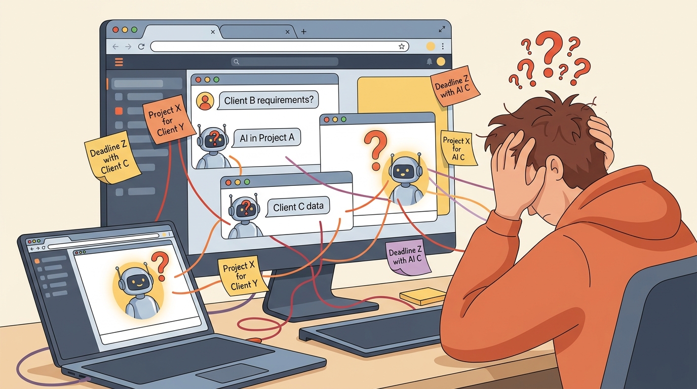 Editorial illustration showing context loss — an AI assistant mixing up multiple client projects