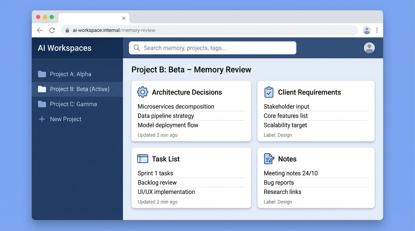 MemClaw web interface showing project memory organized by workspace