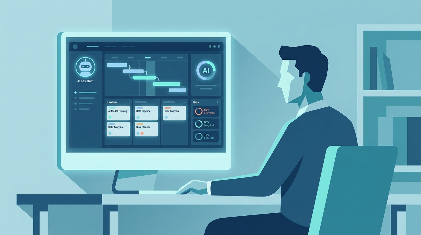 AI-assisted project management dashboard with timeline and risk indicators