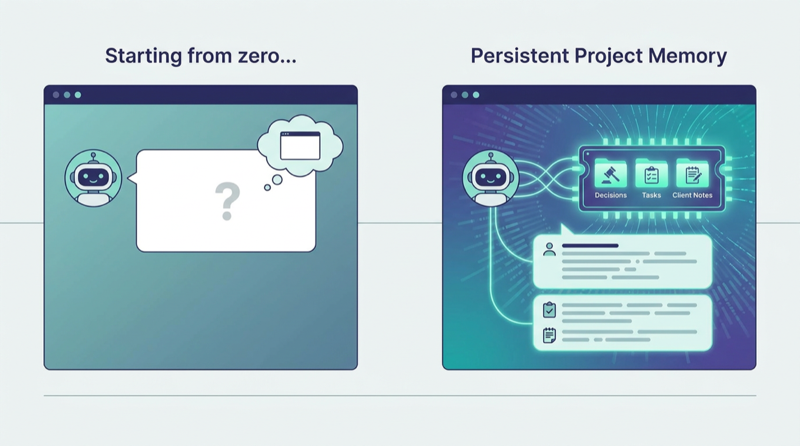 AI assistant with persistent project memory vs session that starts from zero