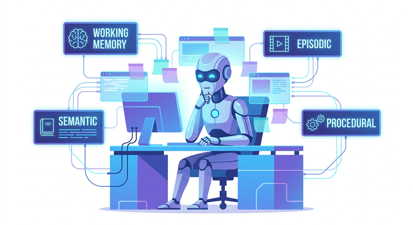 AI agent surrounded by memory types — working, episodic, semantic, procedural