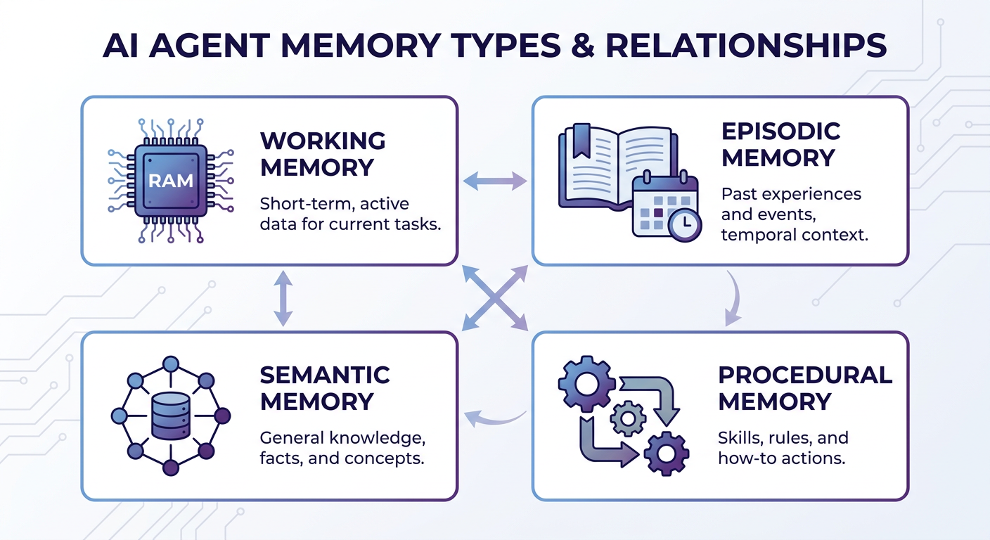 Diagram of four AI agent memory types: Working, Episodic, Semantic, and Procedural
