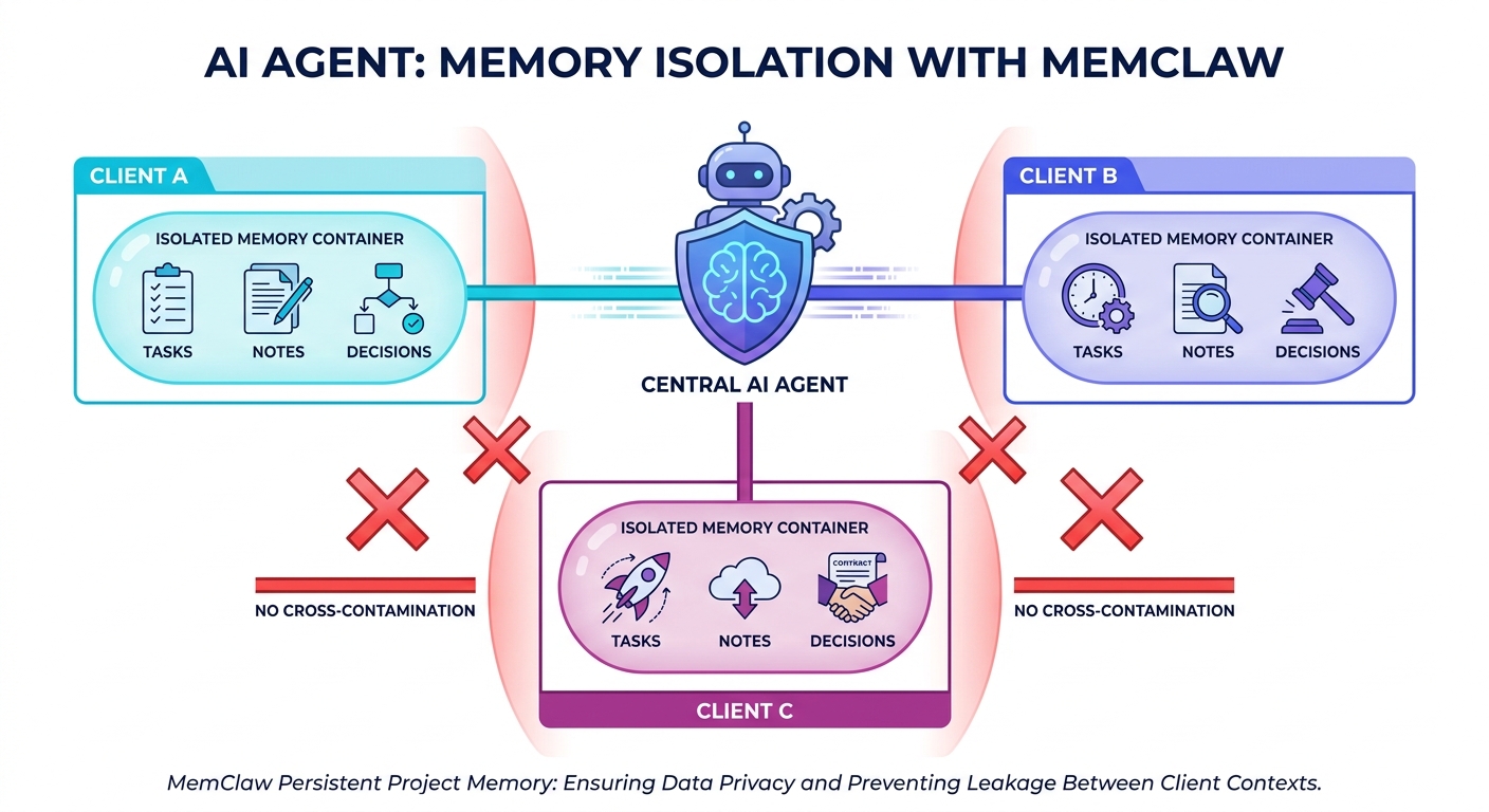 MemClaw project memory overview — isolated workspaces for Client A, Client B, and Client C with no cross-contamination