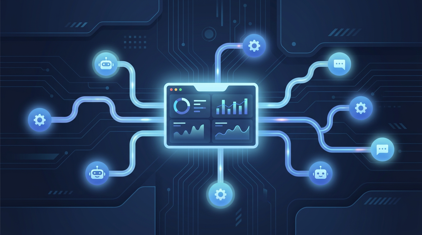 AI agent management conceptual illustration showing networked agents with a central control dashboard
