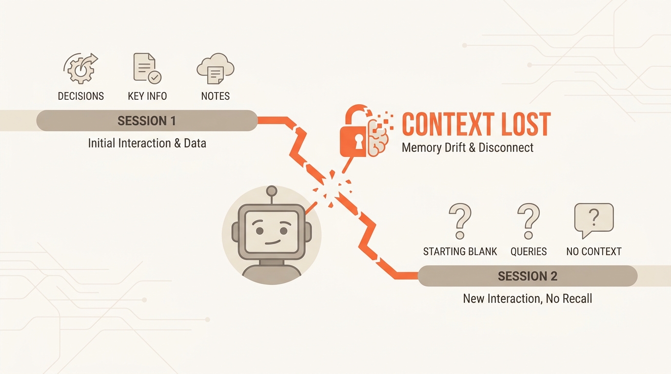 Diagram showing context drift: an AI agent losing memory between Session 1 and Session 2, with decisions and notes disappearing