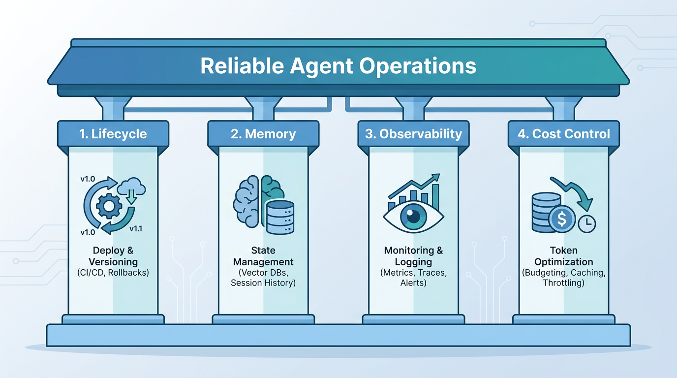Architectural diagram showing the 4 pillars of agent management: Lifecycle, Memory, Observability, and Cost Control supporting Reliable Agent Operations