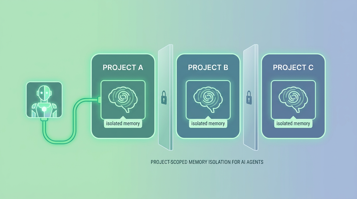 Illustration of project-scoped memory isolation: three separate project containers (Client A, B, C) each with isolated memory, an AI agent connecting cleanly to only one at a time