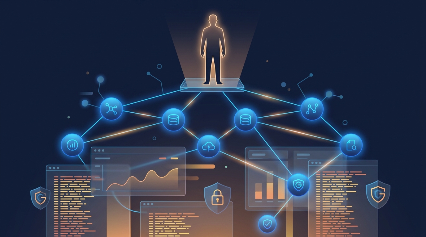 Hero illustration: AI agent management overview with networked agents, dashboards, and governance controls