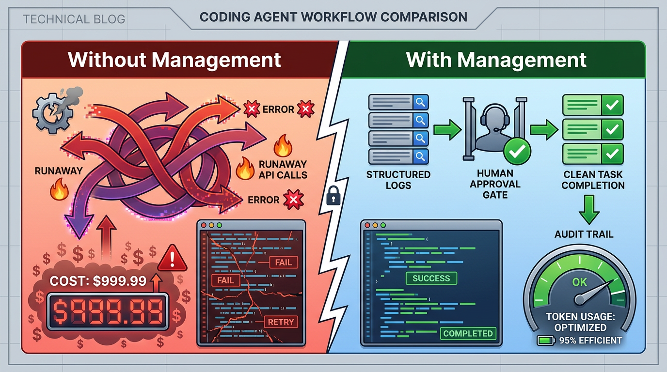 Split-panel comparison: coding agent without management (chaos, looping errors, runaway costs) vs with management (structured logs, approval gates, clean outcomes)