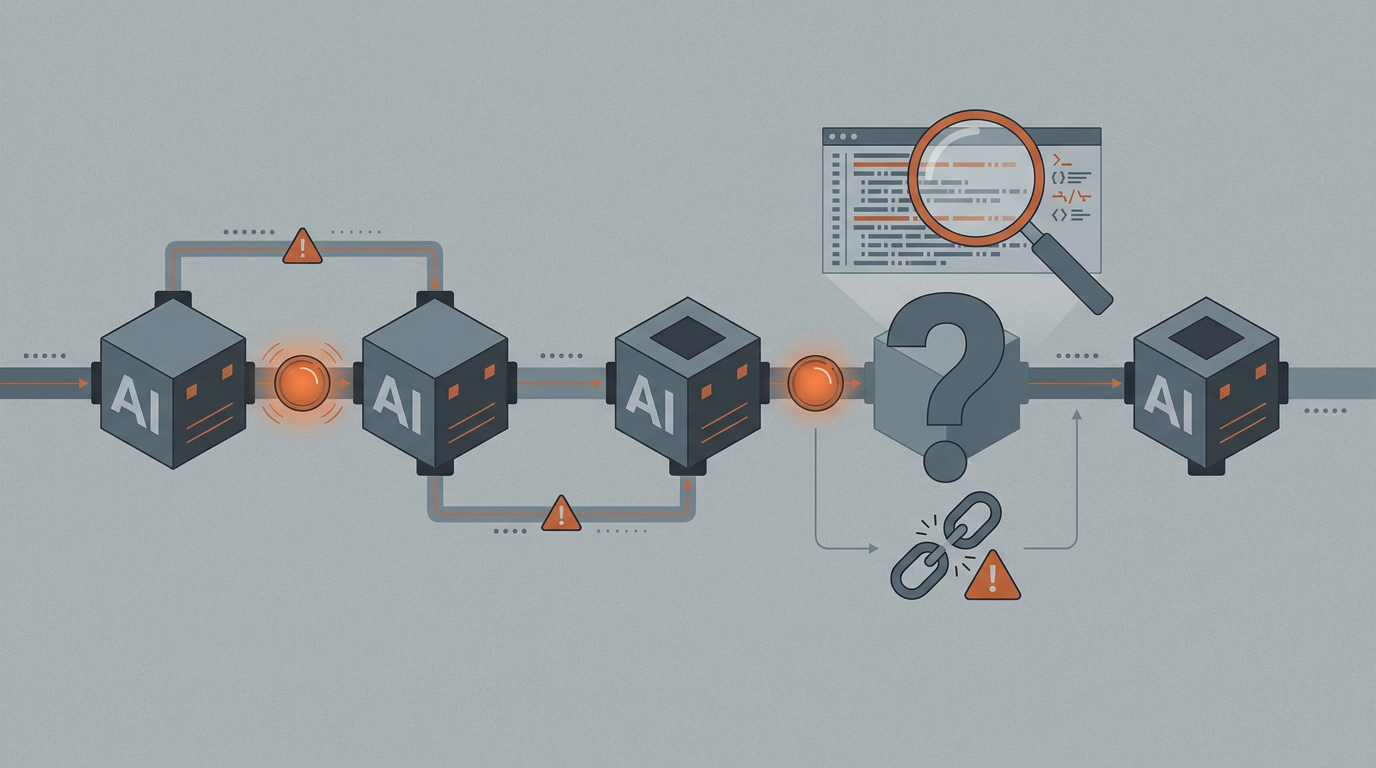Illustration of multi-agent coordination challenges: pipeline of AI nodes with accountability gaps and audit trail visualization