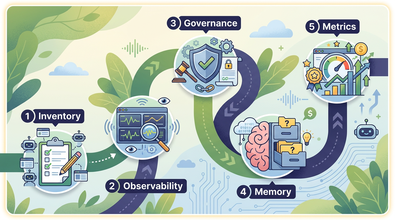 Five-step getting started roadmap: Inventory, Observability, Governance, Memory, Metrics