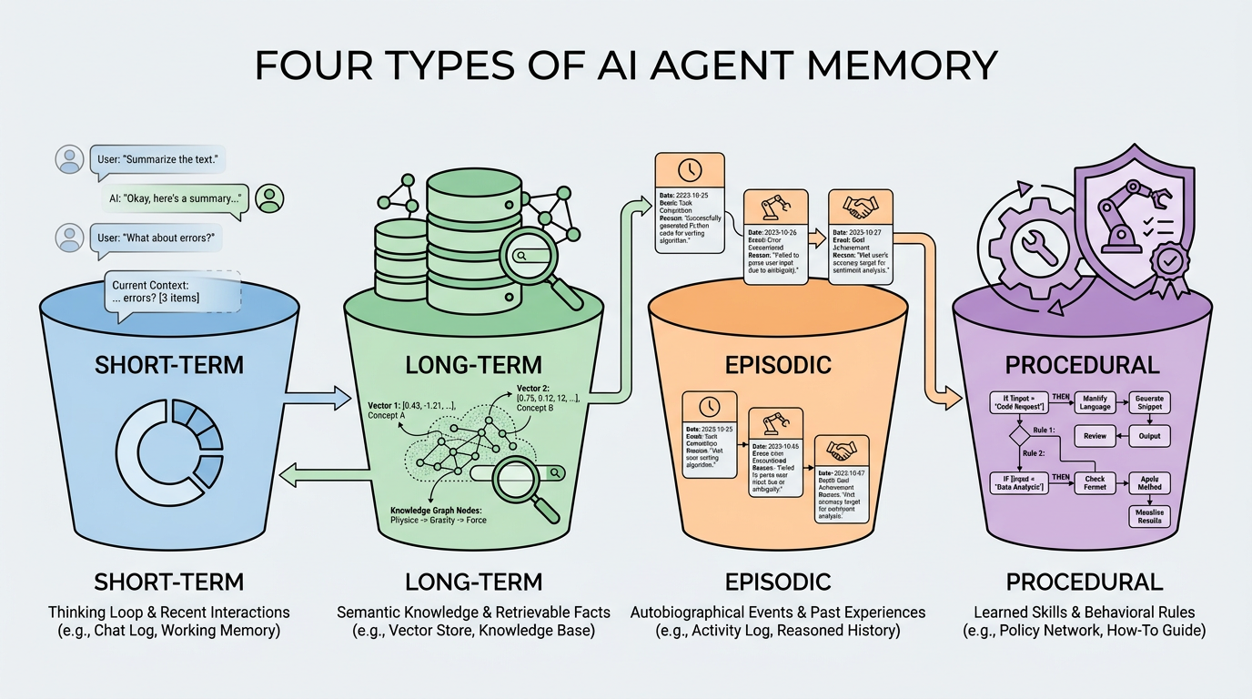 Diagram of agent memory types: short-term, long-term, episodic, and procedural memory