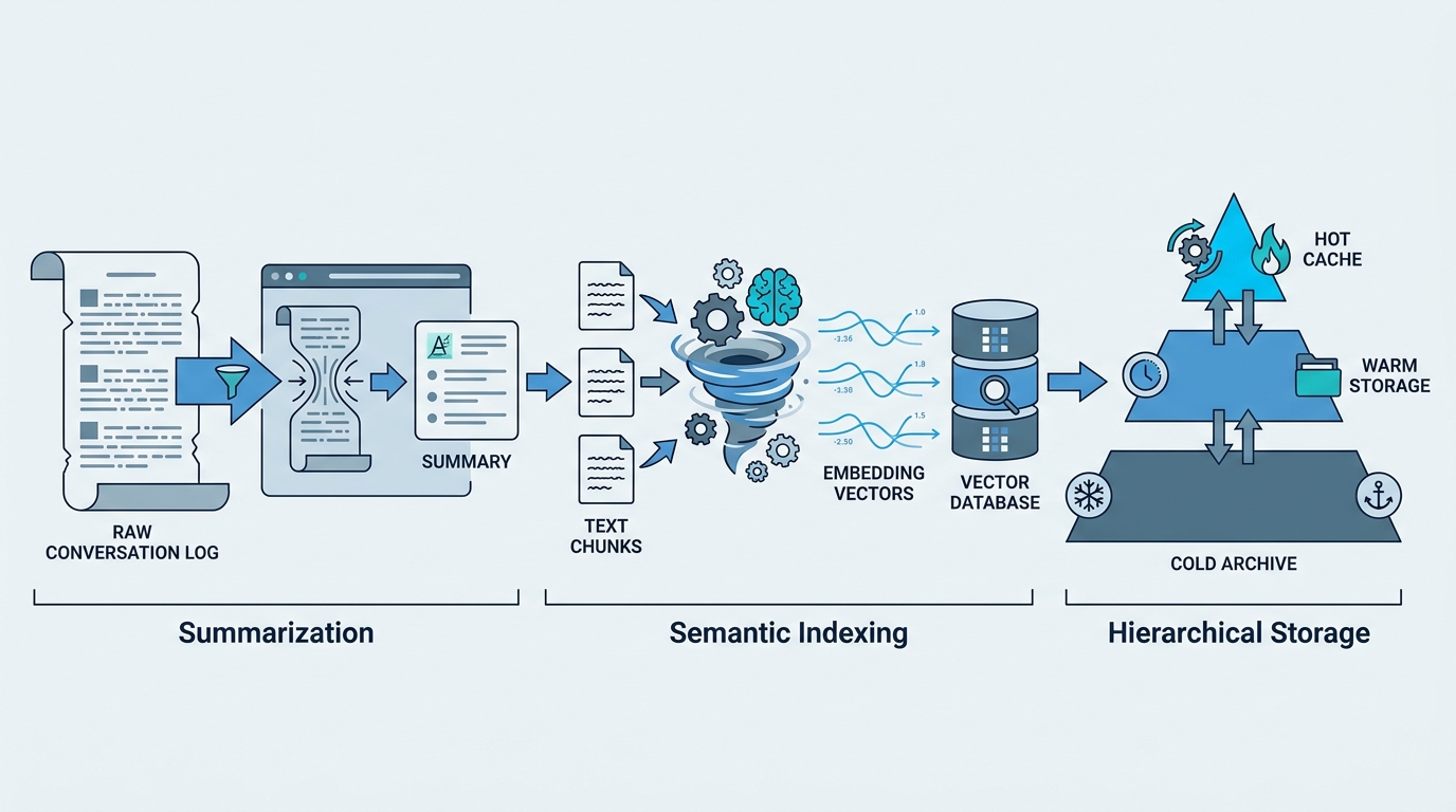 Overview of agent memory management strategies including compression, semantic indexing, and hierarchical organization