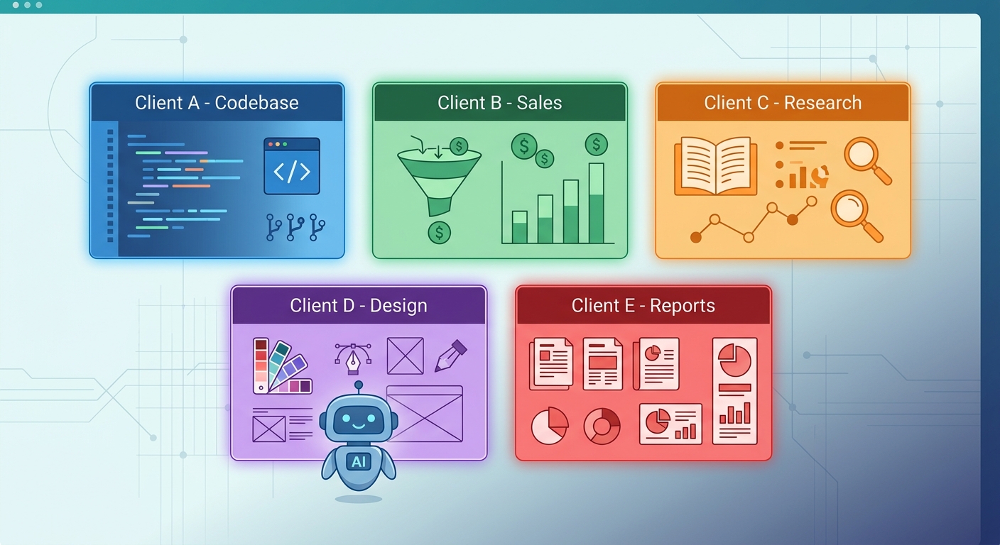 Five isolated project workspaces in MemClaw — each client's context cleanly separated