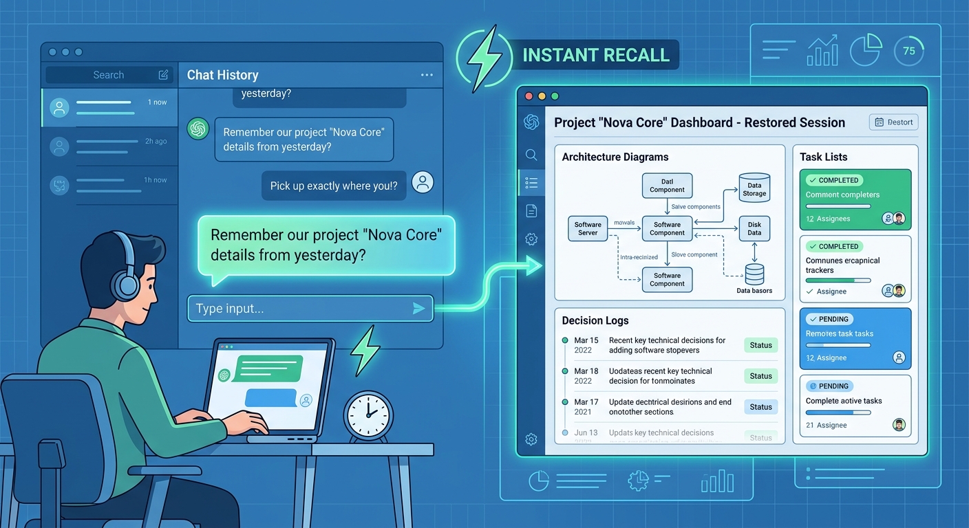 Instant context restoration — one sentence restores full project history and tasks