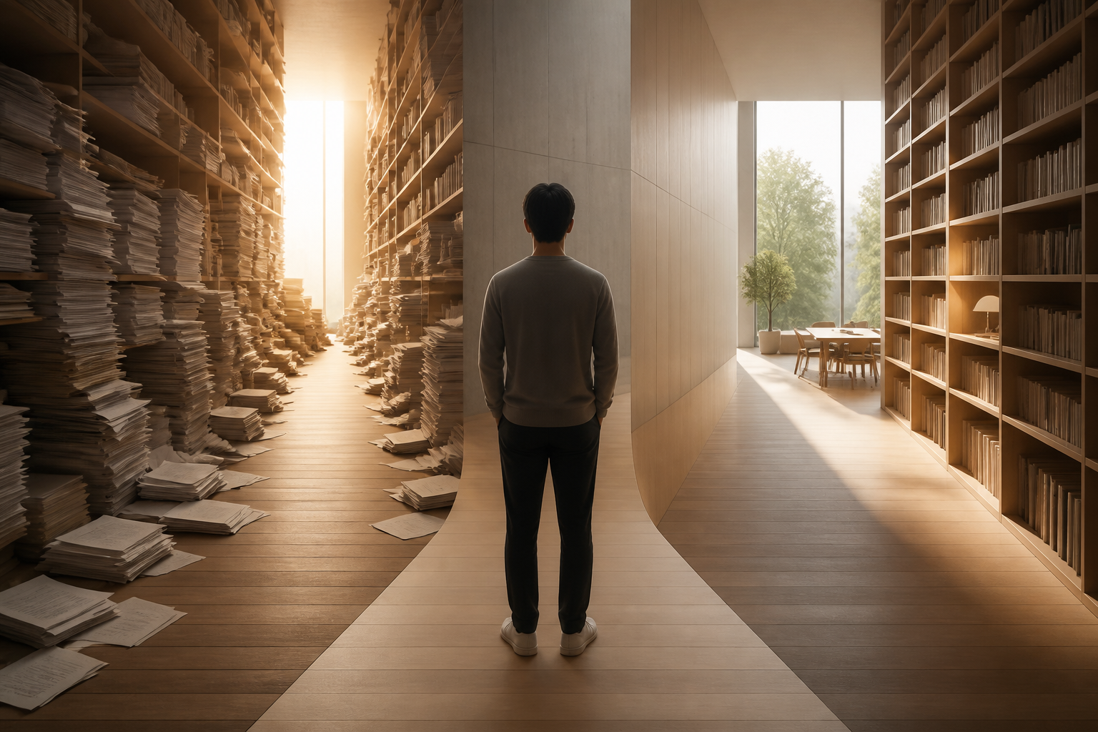 A person standing at a crossroads in a minimalist library, choosing between a cluttered path and a clean, sunlit path.